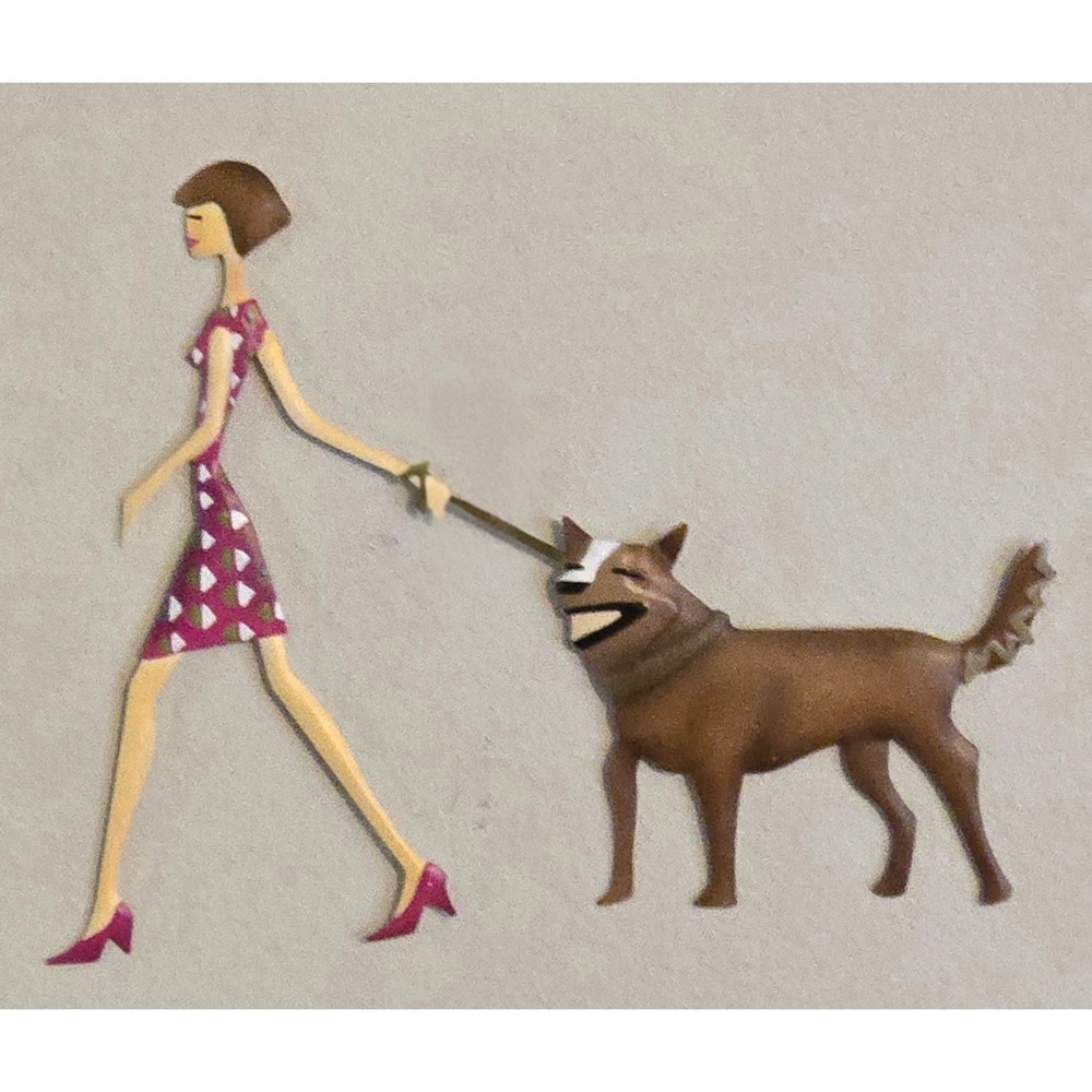 Pop Art Dog Woman Walking Whimsical MCM Light Metal Wall Hanging Dog Lover Decor